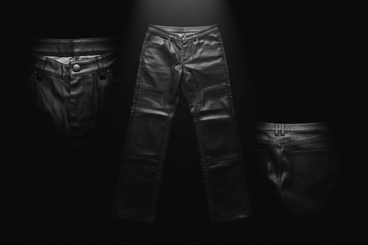 Three views of the DETYCHED Exodus Stack Denim in waxed black denim and lambskin leather.